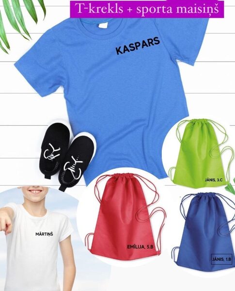 Komplekts, bērnu t-krekls ar vārdu + sporta soma ar vārdu